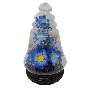 VTG Floral Arrangement Under Glass Cloche Dome Blue Faux Flowers Wood Base Decor